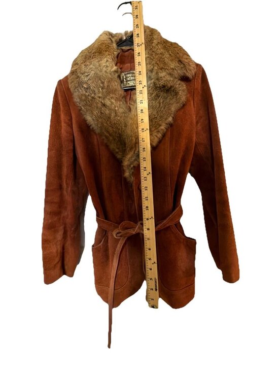 Genuine Suede Leather Fur Collared Coat with Belt Women's Size 7/8 - Picture 6 of 8